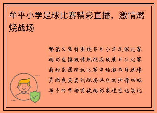 牟平小学足球比赛精彩直播，激情燃烧战场